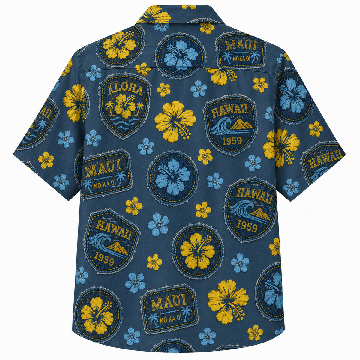 Labor Day Hawaiian Shirt- Aloha Patch Badge and Hibiscus in Denim Navy
