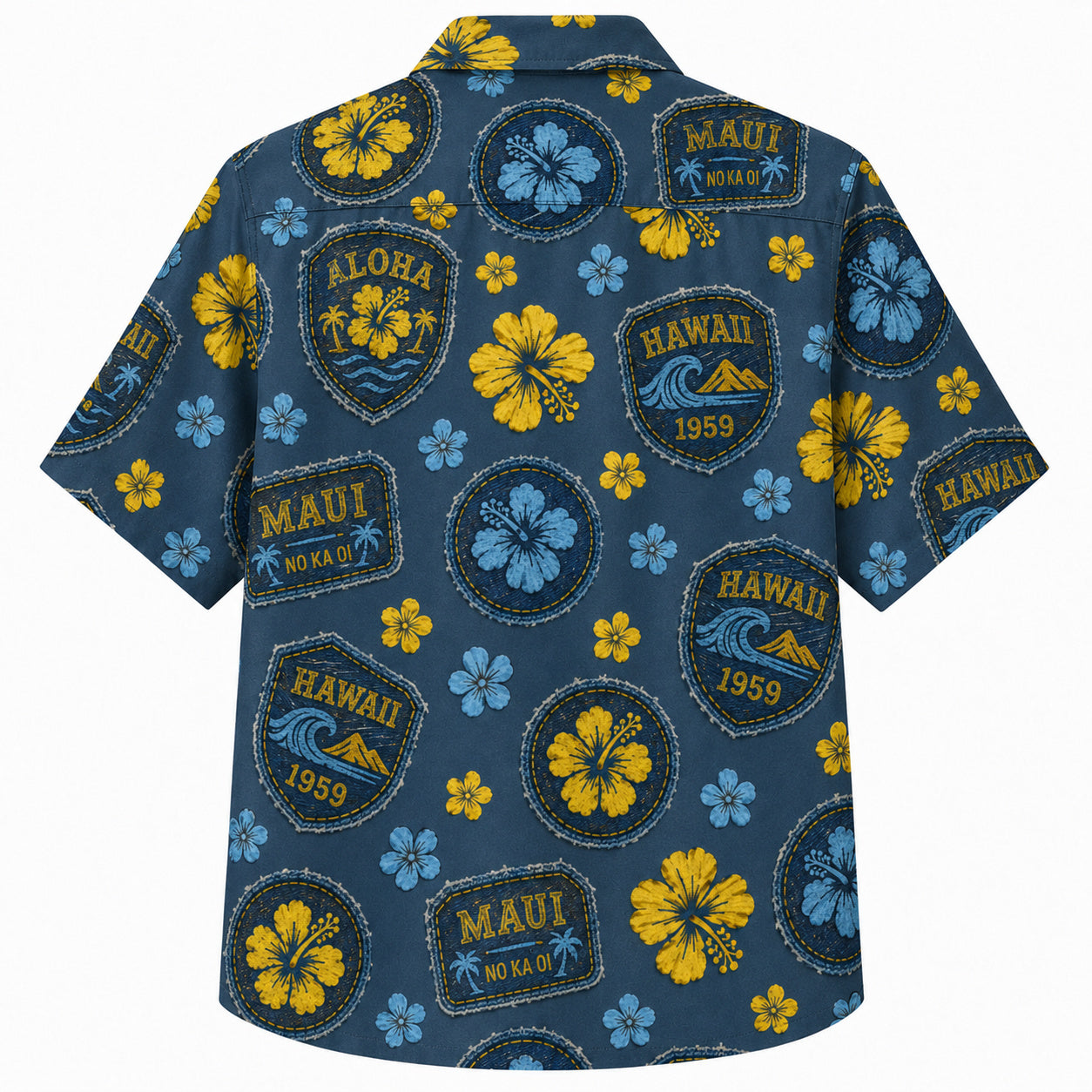Labor Day Hawaiian Shirt- Aloha Patch Badge and Hibiscus in Denim Navy