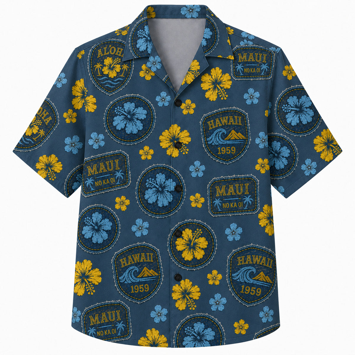 Labor Day Hawaiian Shirt- Aloha Patch Badge and Hibiscus in Denim Navy
