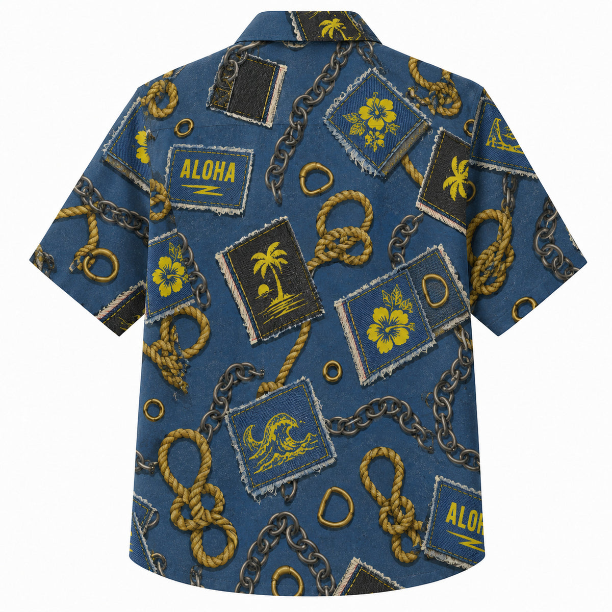 Labor Day Hawaiian Shirt- Aloha Signpost and Rope Knot Print in Denim