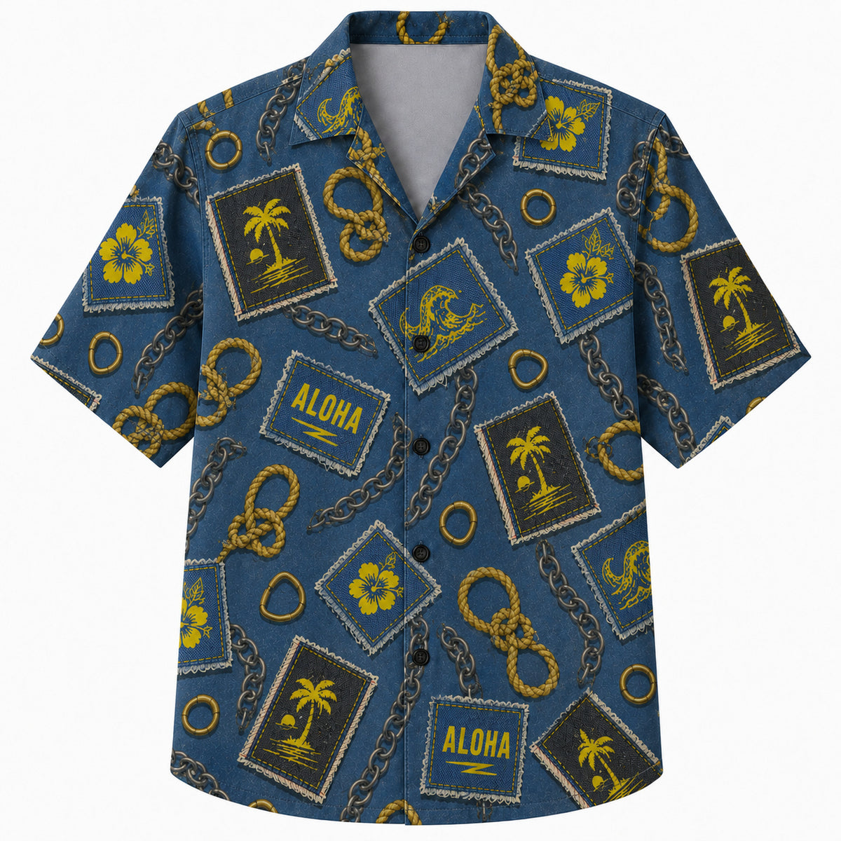 Labor Day Hawaiian Shirt- Aloha Signpost and Rope Knot Print in Denim