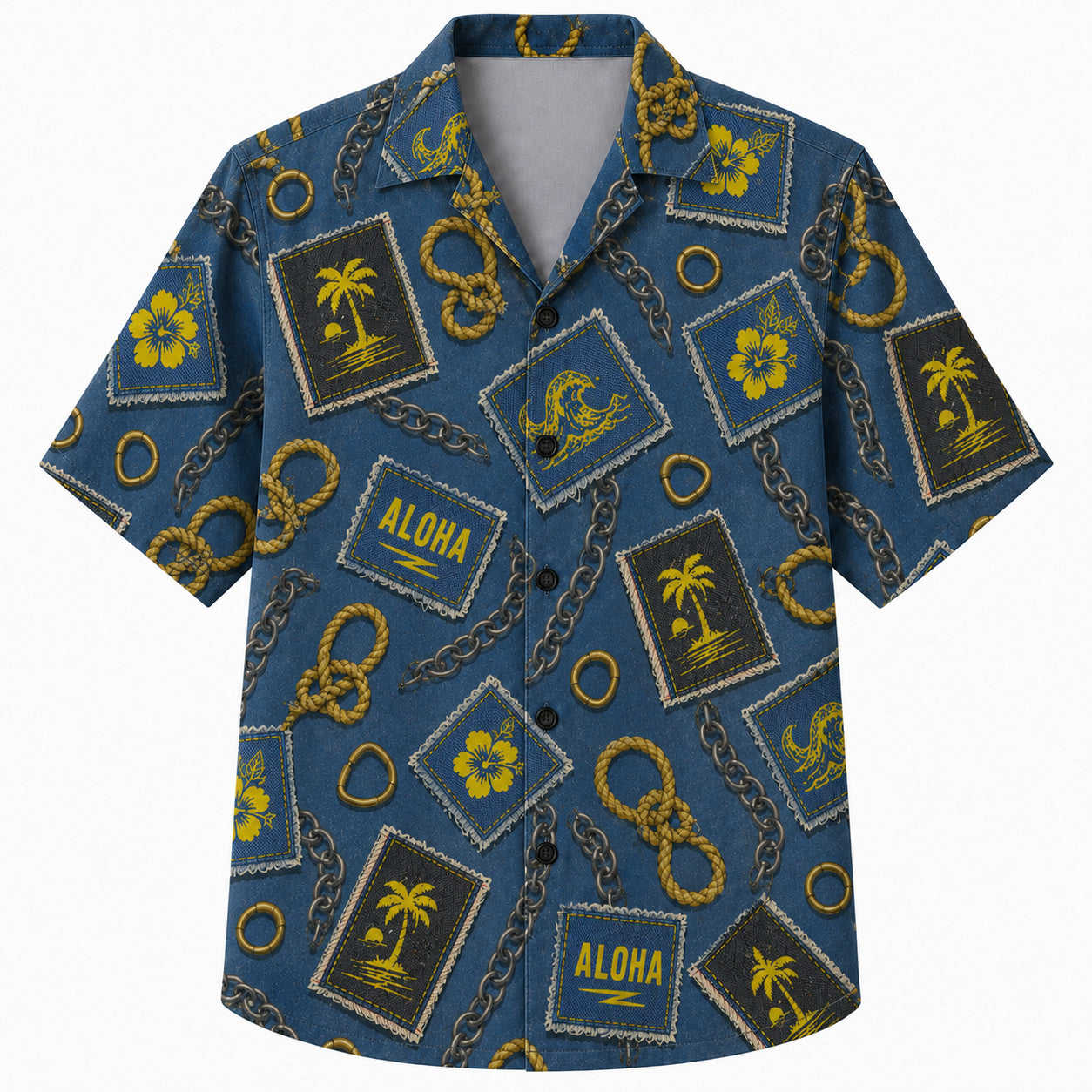 Labor Day Hawaiian Shirt- Aloha Signpost and Rope Knot Print in Denim
