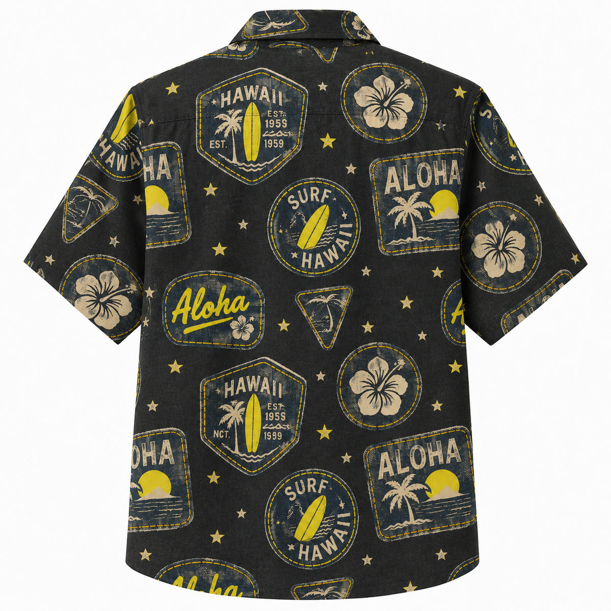 Labor Day Hawaiian Shirt- Aloha Surf Badge and Hibiscus in Black Gold