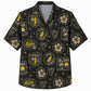 Labor Day Hawaiian Shirt- Aloha Surf Badge and Hibiscus in Black Gold