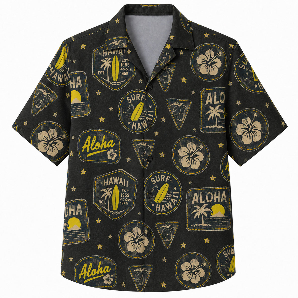 Labor Day Hawaiian Shirt- Aloha Surf Badge and Hibiscus in Black Gold