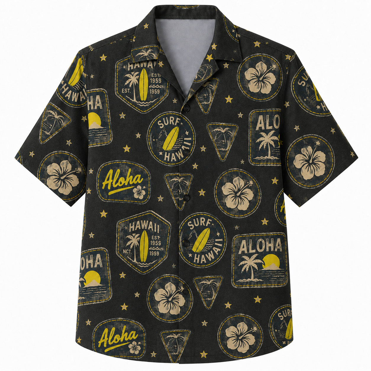 Labor Day Hawaiian Shirt- Aloha Surf Badge and Hibiscus in Black Gold