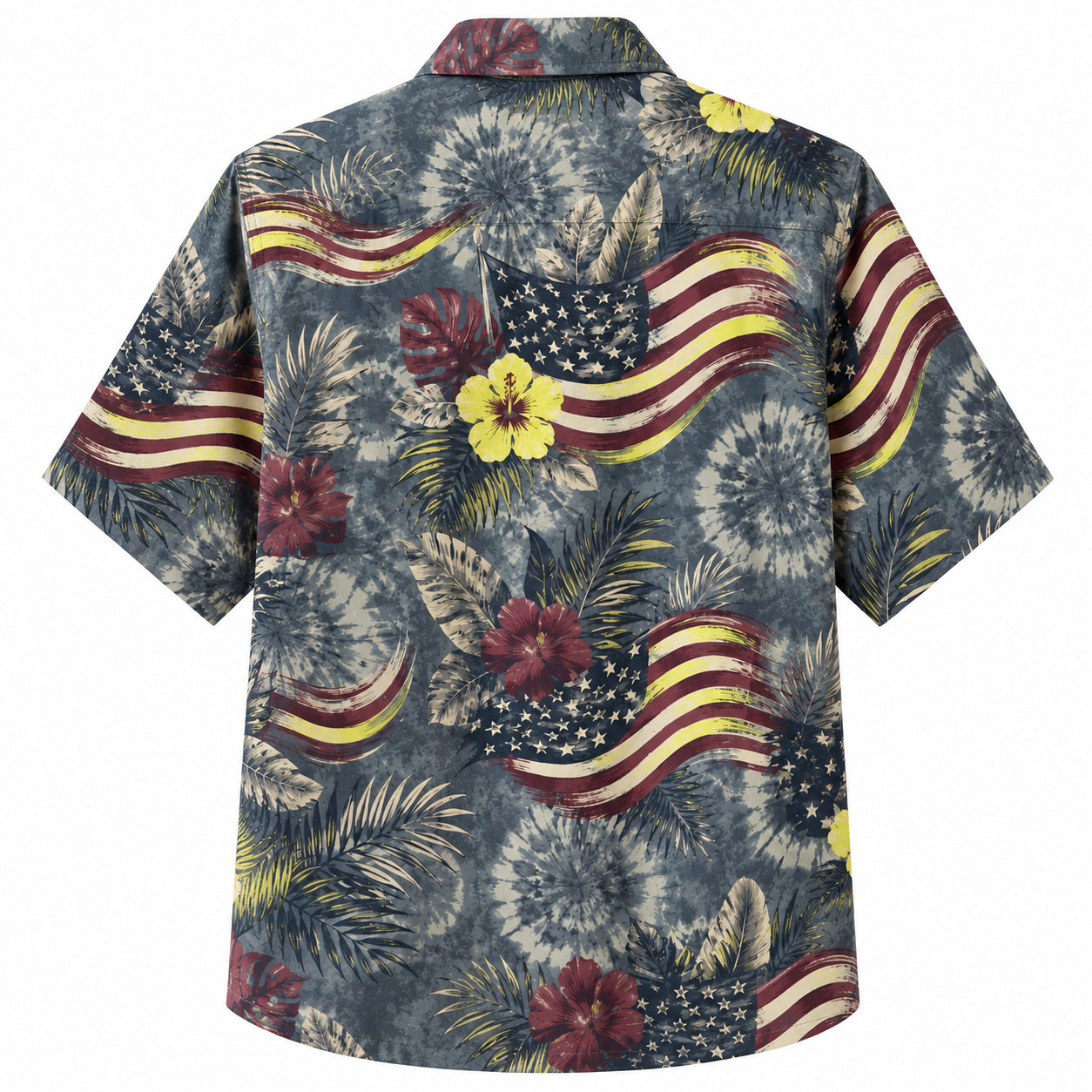 Labor Day Hawaiian Shirt- American Flag and Hibiscus Burst in Slate