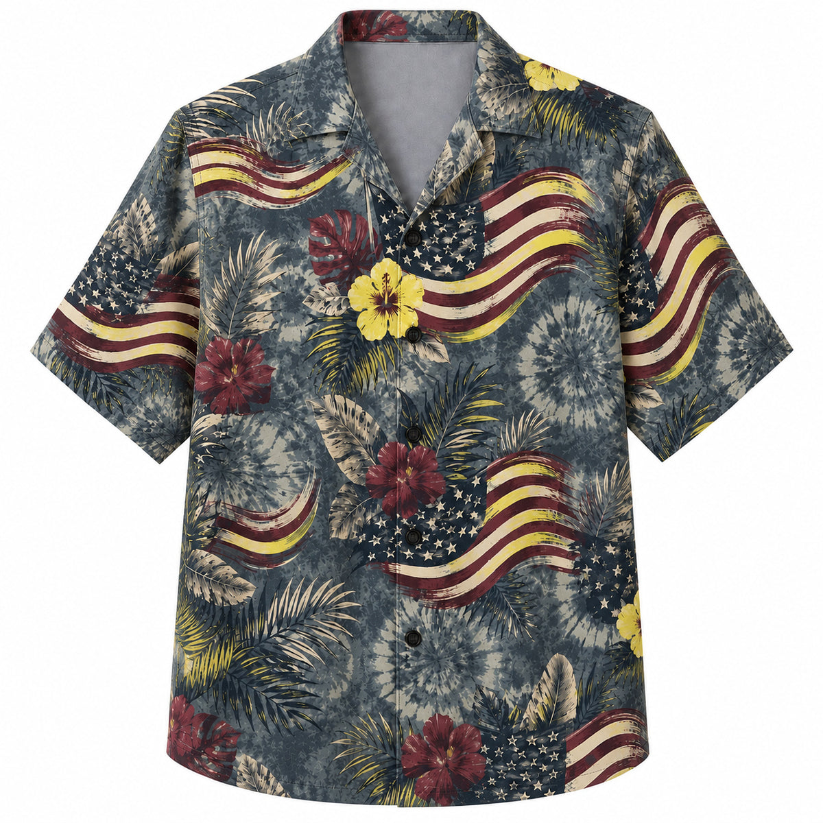 Labor Day Hawaiian Shirt- American Flag and Hibiscus Burst in Slate