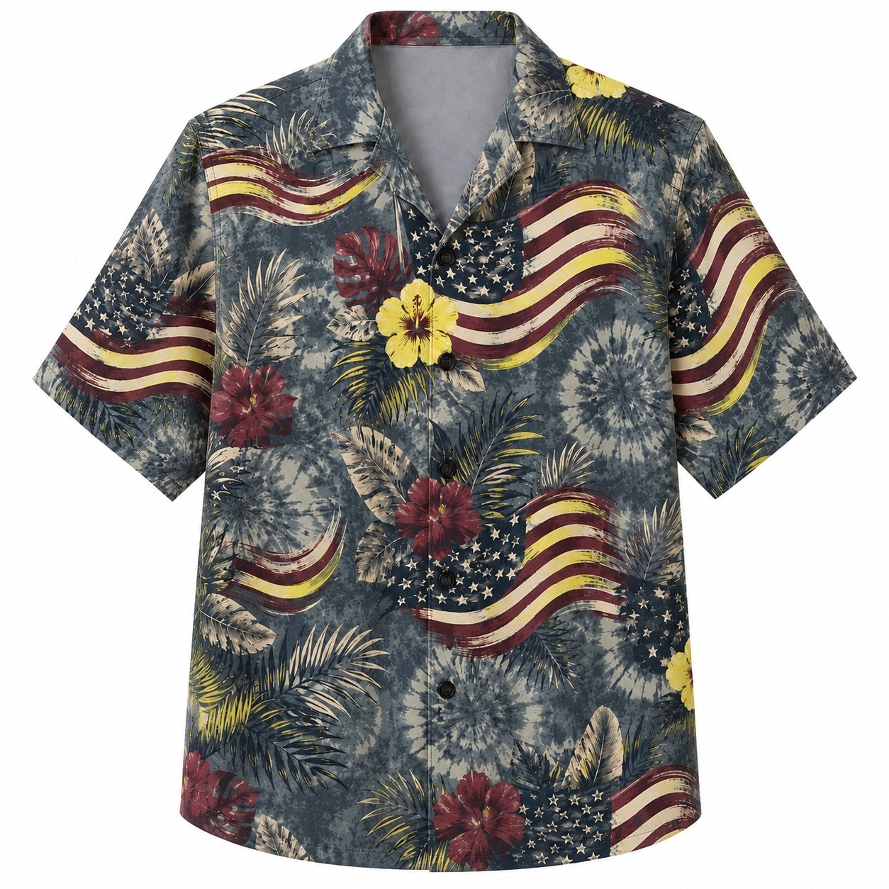 Labor Day Hawaiian Shirt- American Flag and Hibiscus Burst in Slate