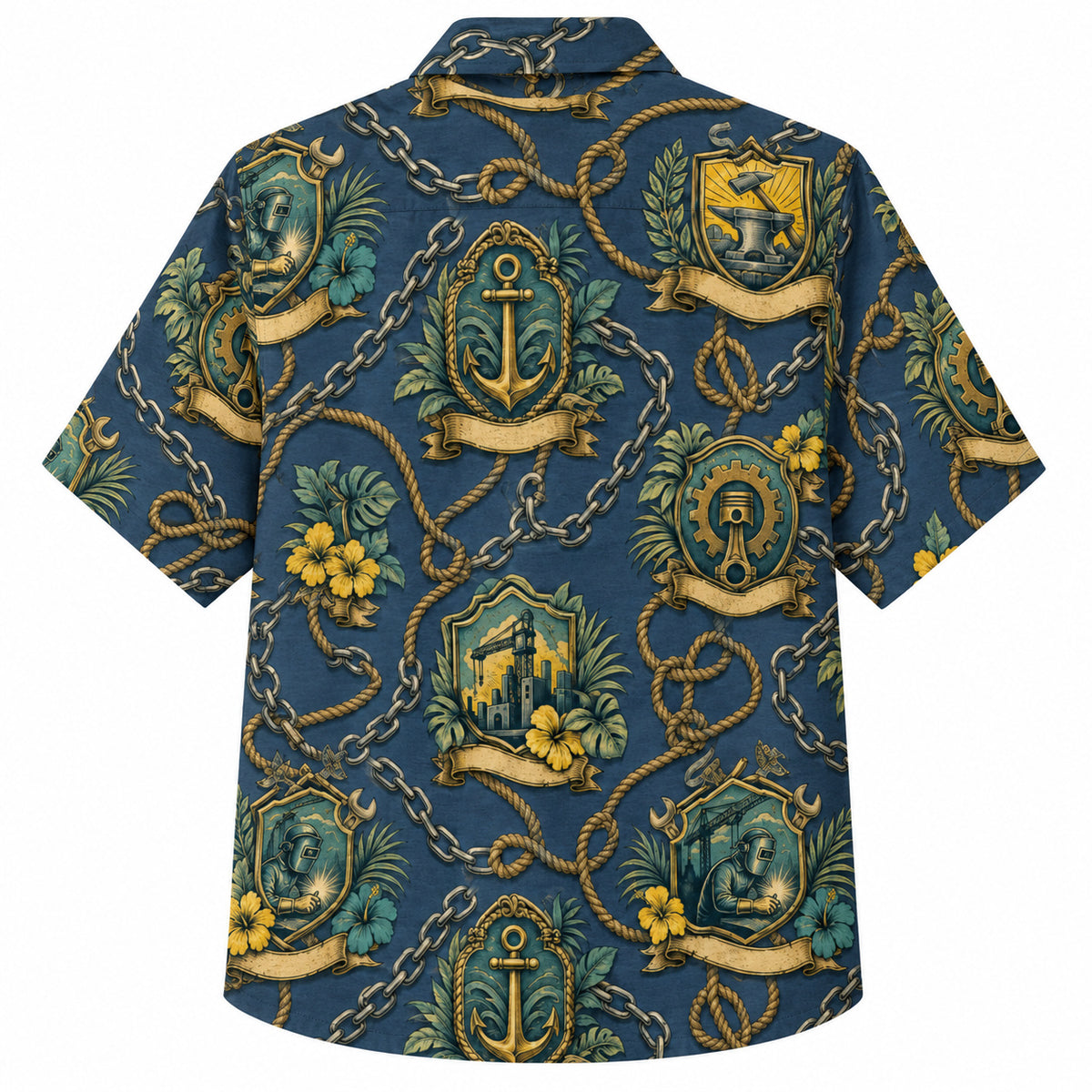 Labor Day Hawaiian Shirt- Anchor Chain Crest and Hibiscus in Deep Teal