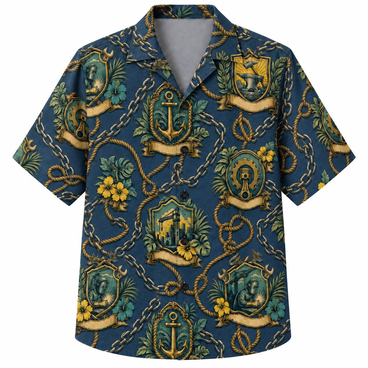 Labor Day Hawaiian Shirt- Anchor Chain Crest and Hibiscus in Deep Teal