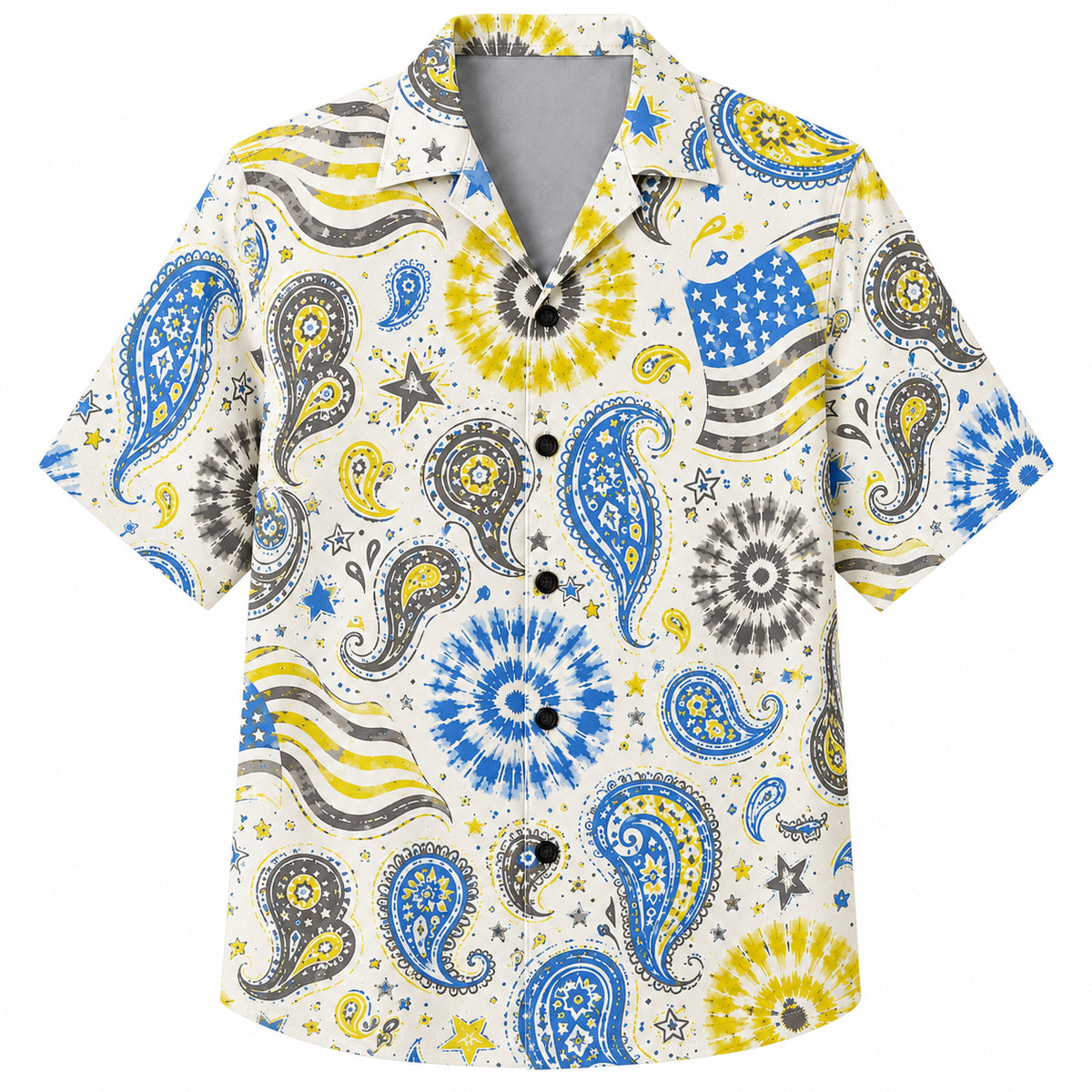 Labor Day Hawaiian Shirt- Bandana Paisley and Flag Rosette in Cream