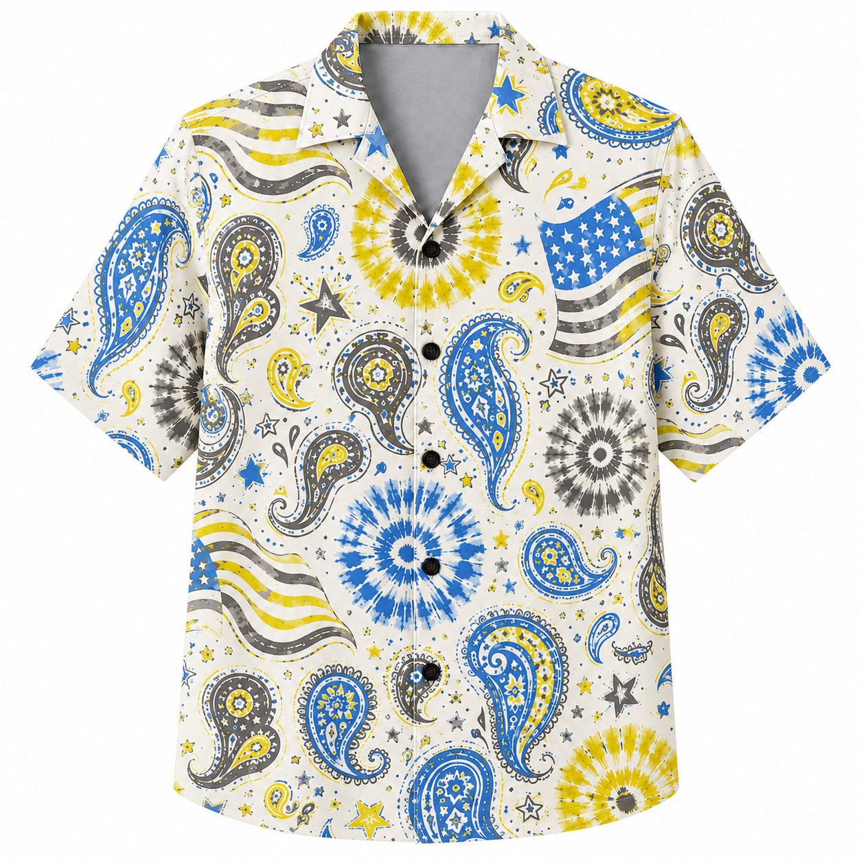Labor Day Hawaiian Shirt- Bandana Paisley and Flag Rosette in Cream