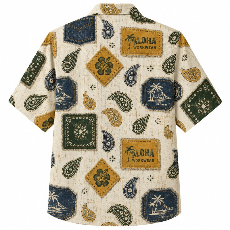 Labor Day Hawaiian Shirt- Bandana Patch Aloha Workwear Print for Men
