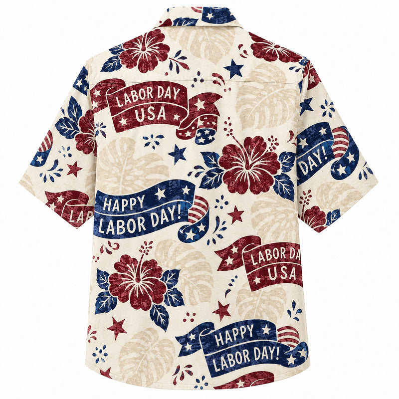 Labor Day Hawaiian Shirt- Banner Hibiscus Firework Print for Summer