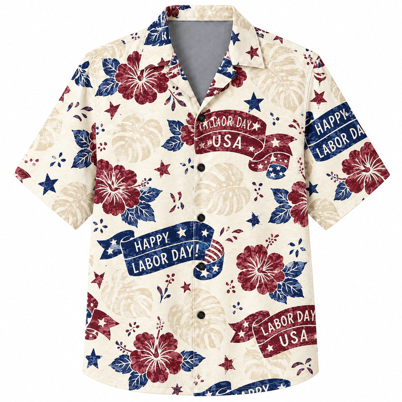 Labor Day Hawaiian Shirt- Banner Hibiscus Firework Print for Summer