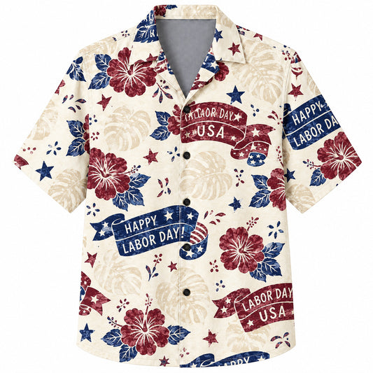 Labor Day Hawaiian Shirt- Banner Hibiscus Firework Print for Summer