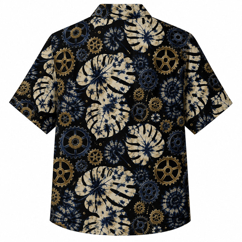 Labor Day Hawaiian Shirt- Batik Leaf and Cog Pattern for the Long Weekend