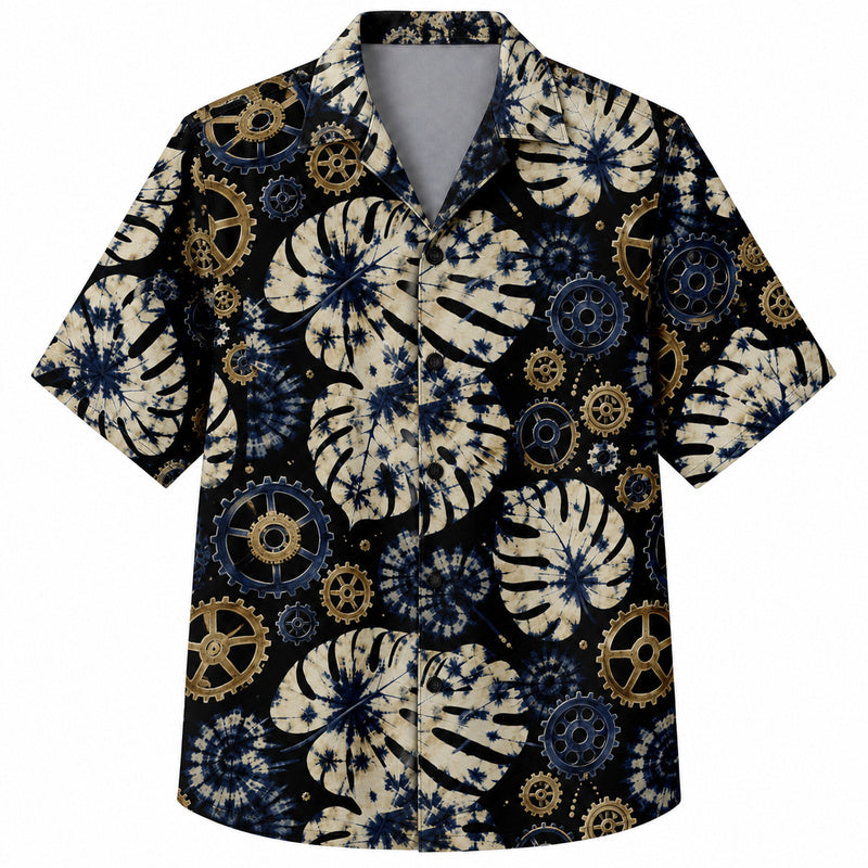 Labor Day Hawaiian Shirt- Batik Leaf and Cog Pattern for the Long Weekend