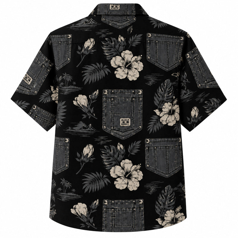 Labor Day Hawaiian Shirt- Black Denim Pocket and Hibiscus Print