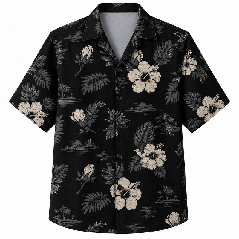 Labor Day Hawaiian Shirt- Black Denim Pocket and Hibiscus Print