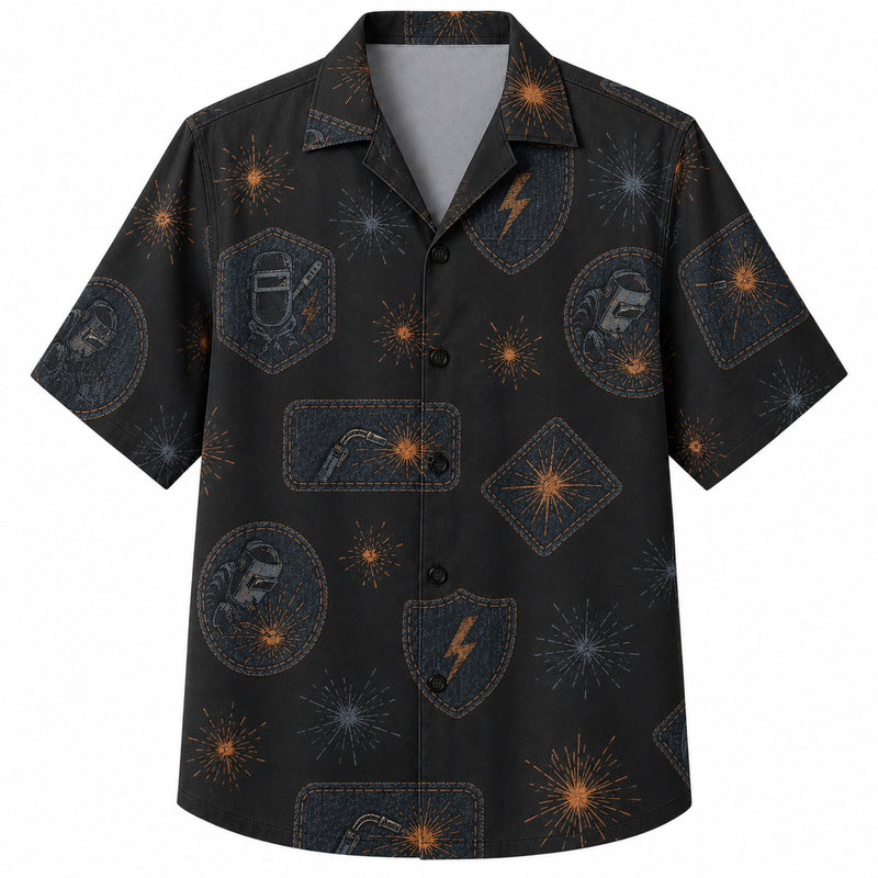 Labor Day Hawaiian Shirt- Black Denim Spark and Lightning Print