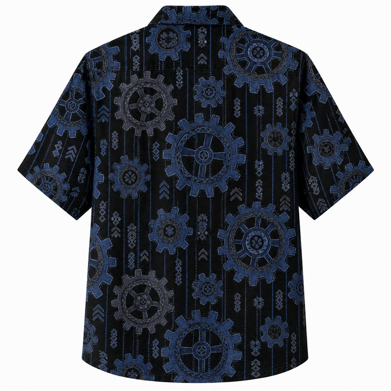 Labor Day Hawaiian Shirt- Black Gear Stripe and Chevron Print