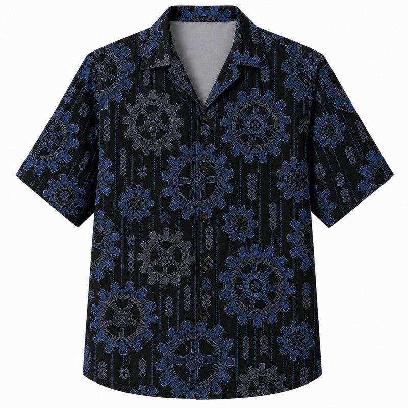 Labor Day Hawaiian Shirt- Black Gear Stripe and Chevron Print