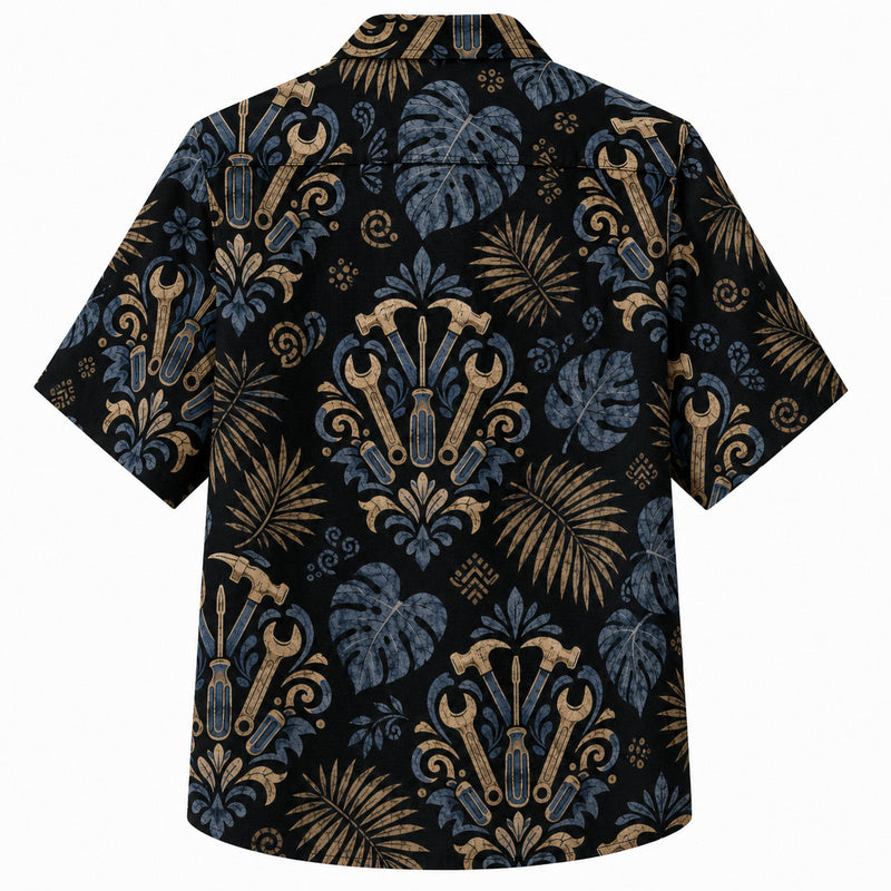 Labor Day Hawaiian Shirt- Black and Gold Wrench Damask Print