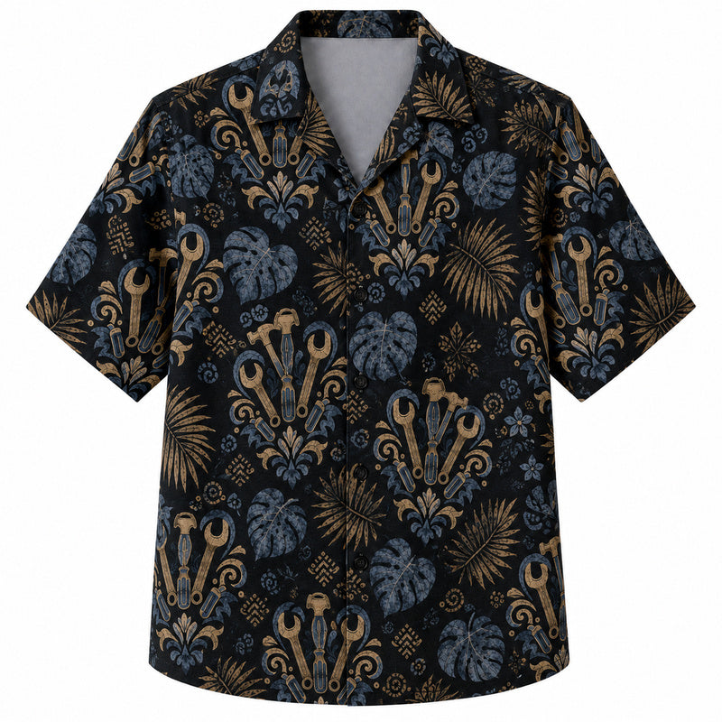 Labor Day Hawaiian Shirt- Black and Gold Wrench Damask Print