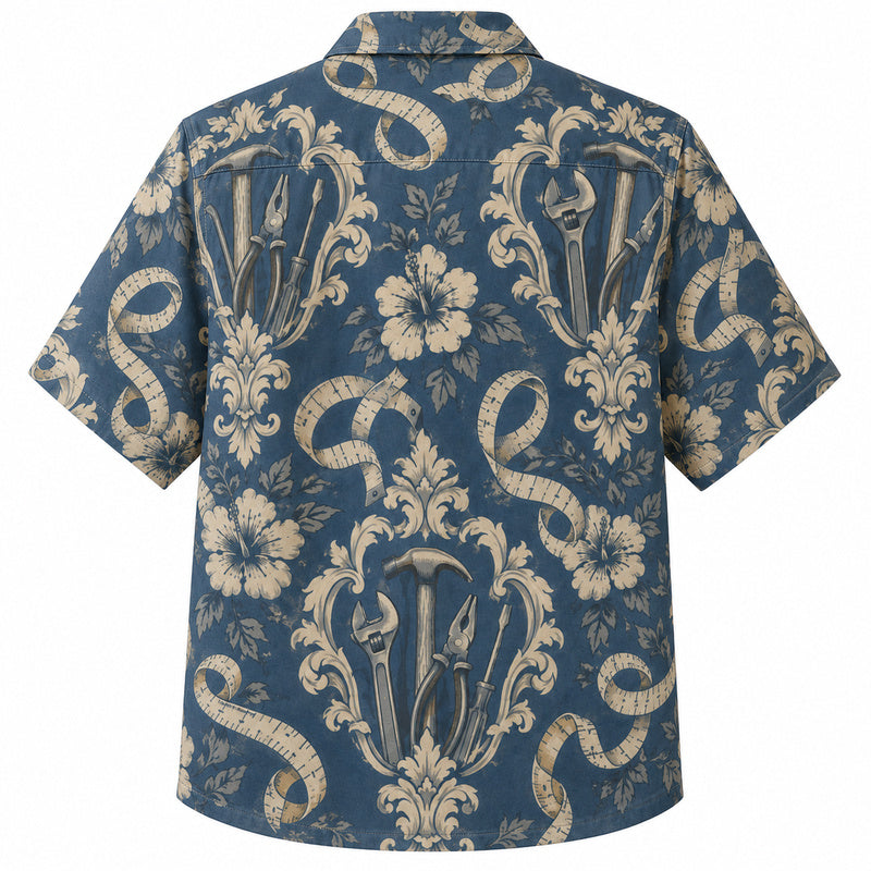 Labor Day Hawaiian Shirt- Blue Damask Hammer and Hibiscus Print