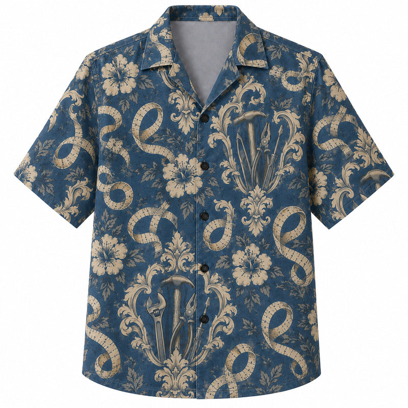 Labor Day Hawaiian Shirt- Blue Damask Hammer and Hibiscus Print