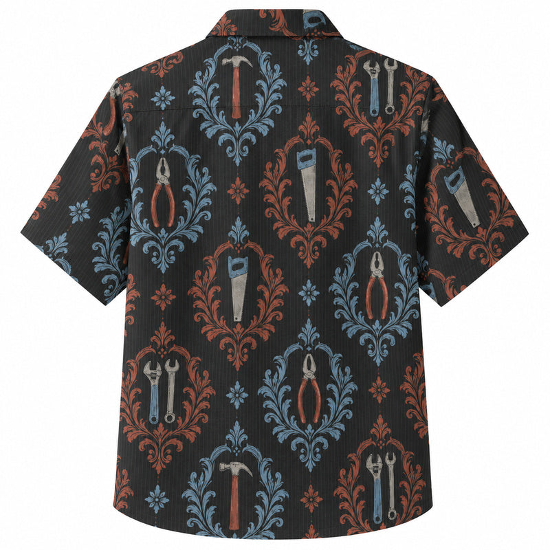 Labor Day Hawaiian Shirt- Blue Damask Tool Print for the Long Weekend