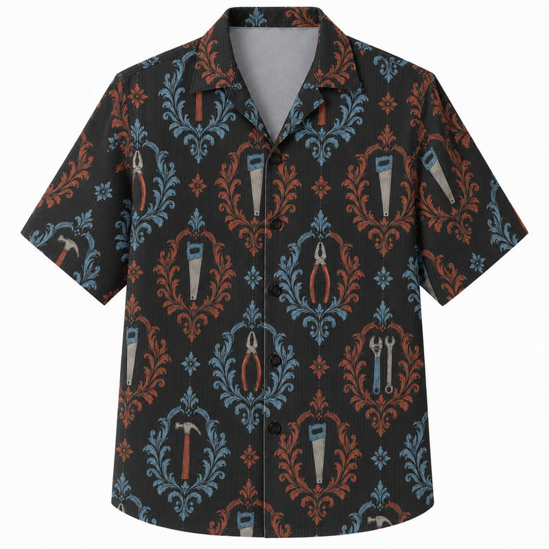 Labor Day Hawaiian Shirt- Blue Damask Tool Print for the Long Weekend