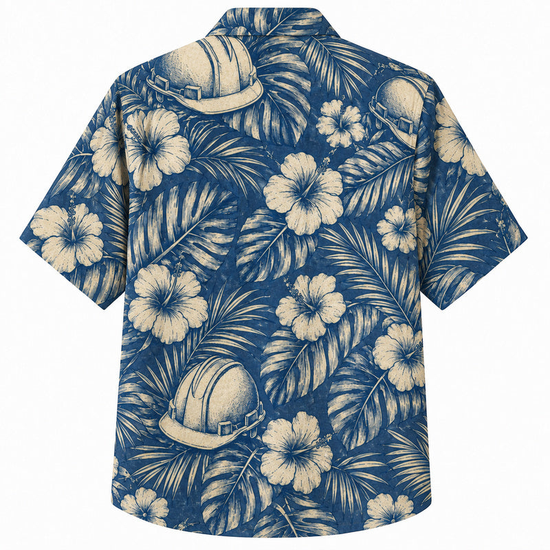 Labor Day Hawaiian Shirt- Blue Hibiscus and Safety Helmet Print