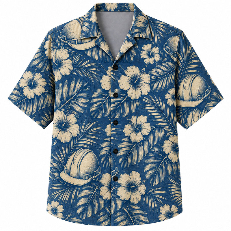 Labor Day Hawaiian Shirt- Blue Hibiscus and Safety Helmet Print