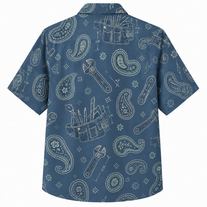 Labor Day Hawaiian Shirt- Blue Paisley Wrench and Pouch Print