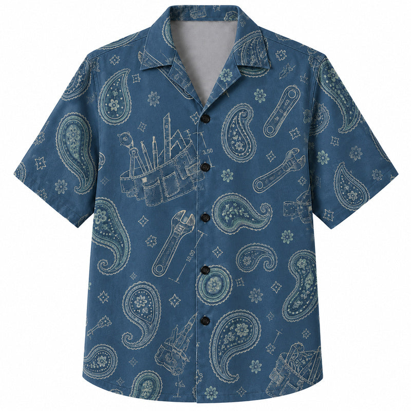 Labor Day Hawaiian Shirt- Blue Paisley Wrench and Pouch Print