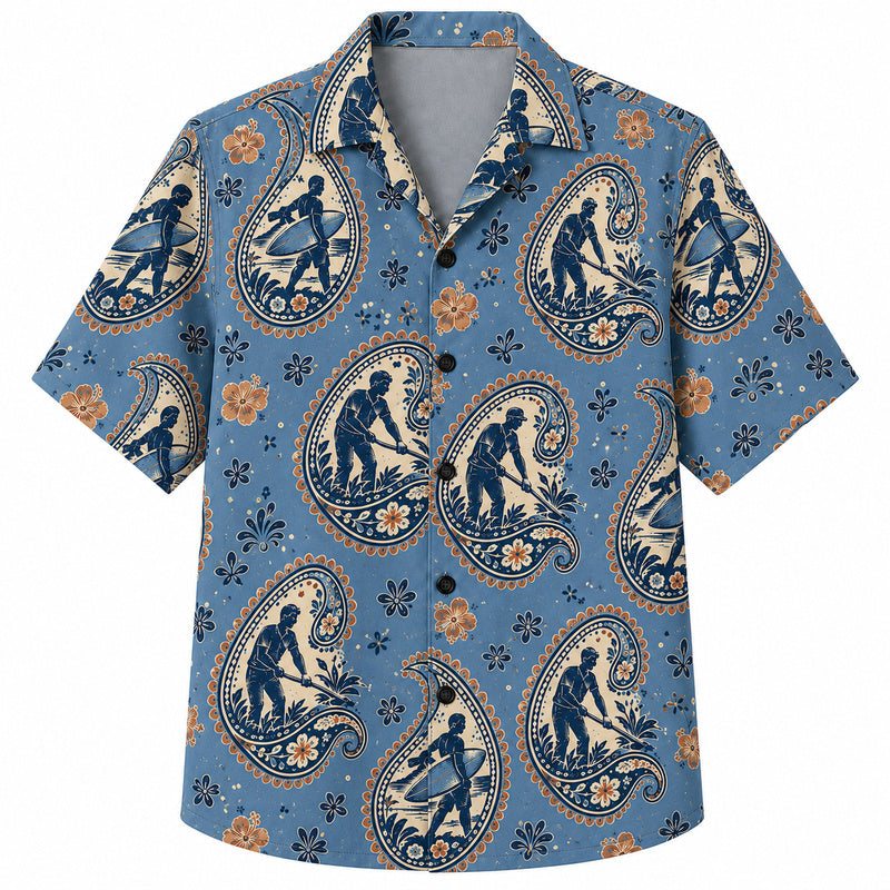 Labor Day Hawaiian Shirt- Blue Paisley and Worker Motif Print