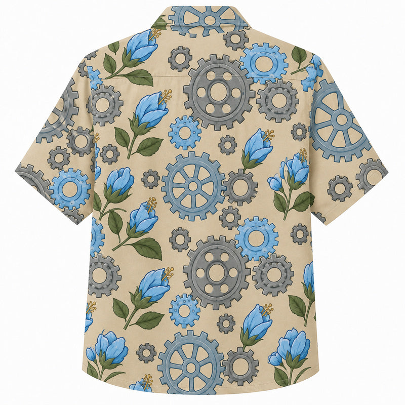 Labor Day Hawaiian Shirt- Blue Tulip and Cog Wheel Bloom Print