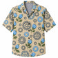 Labor Day Hawaiian Shirt- Blue Tulip and Cog Wheel Bloom Print