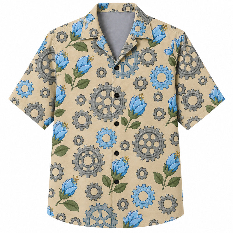 Labor Day Hawaiian Shirt- Blue Tulip and Cog Wheel Bloom Print