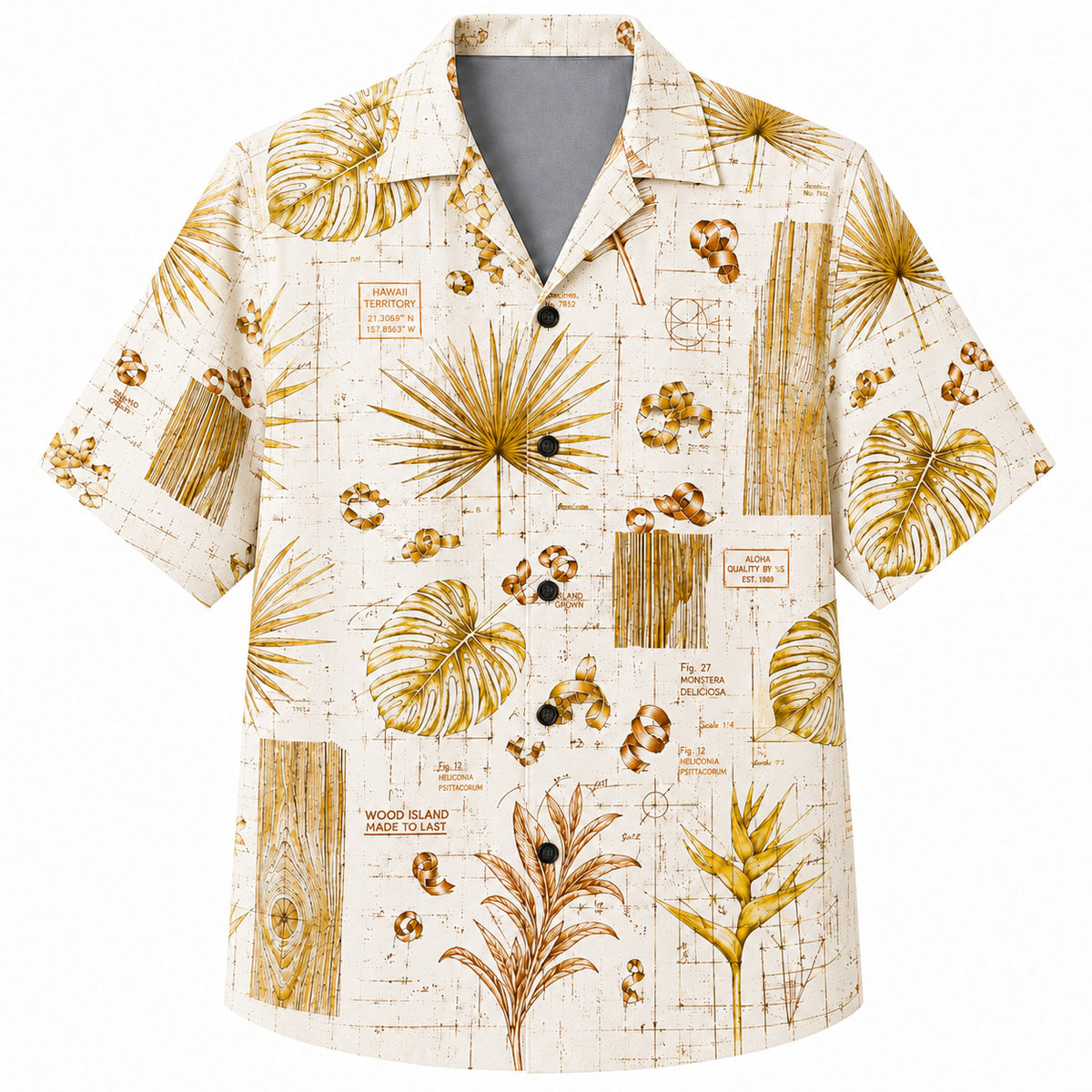 Labor Day Hawaiian Shirt- Blueprint Botanical Sketch on Ivory Paper