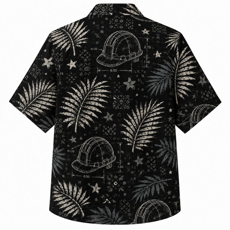 Labor Day Hawaiian Shirt- Blueprint Hard Hat and Palm Frond Print