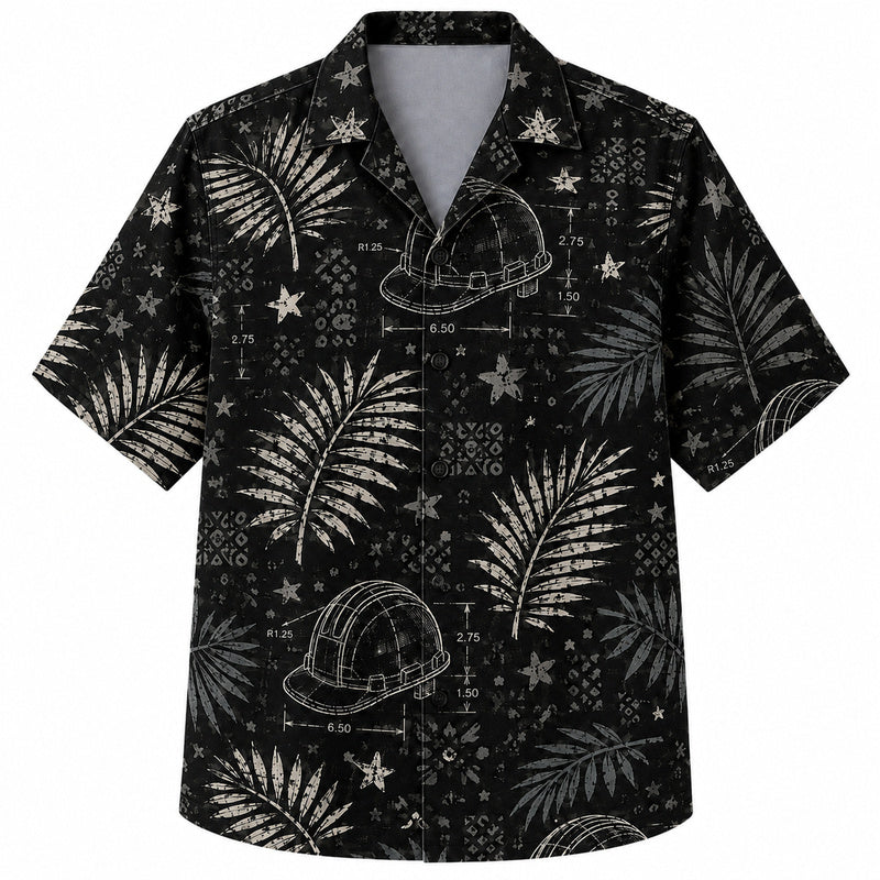 Labor Day Hawaiian Shirt- Blueprint Hard Hat and Palm Frond Print