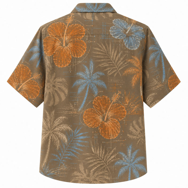 Labor Day Hawaiian Shirt - Blueprint Hibiscus Palm Print for Weekend Wear