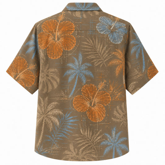 Labor Day Hawaiian Shirt - Blueprint Hibiscus Palm Print for Weekend Wear