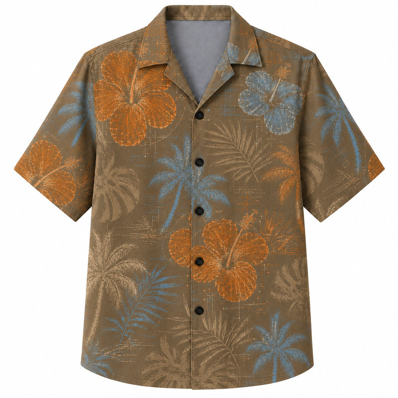 Labor Day Hawaiian Shirt - Blueprint Hibiscus Palm Print for Weekend Wear
