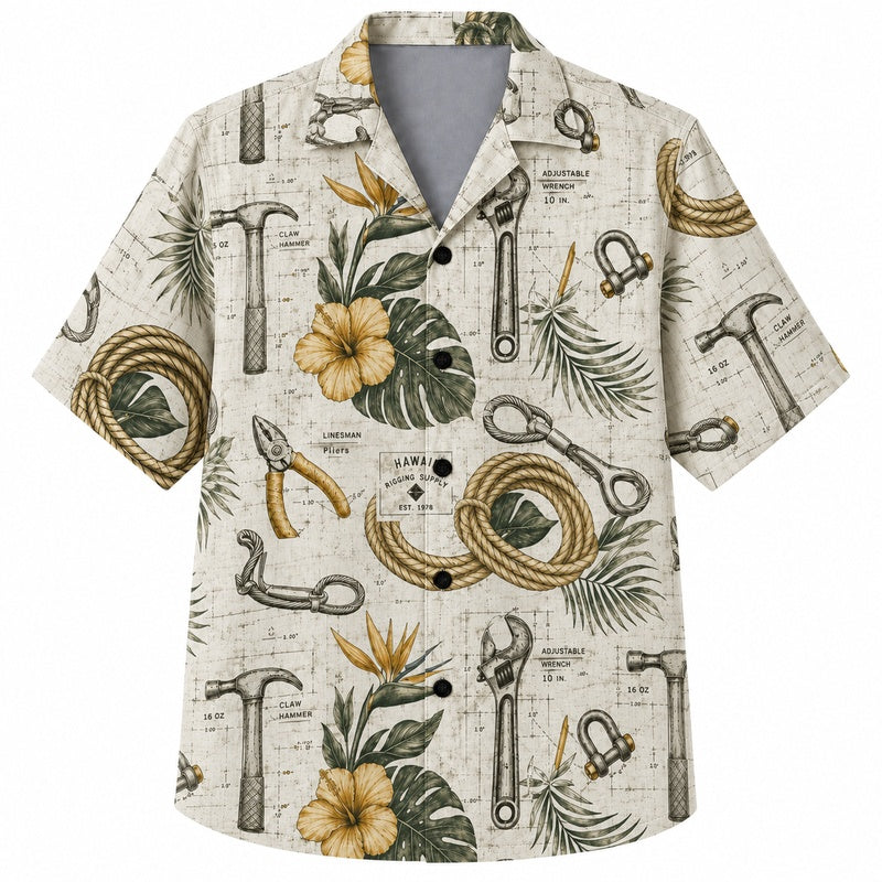 Labor Day Hawaiian Shirt- Blueprint Rope and Bloom Print for Summer