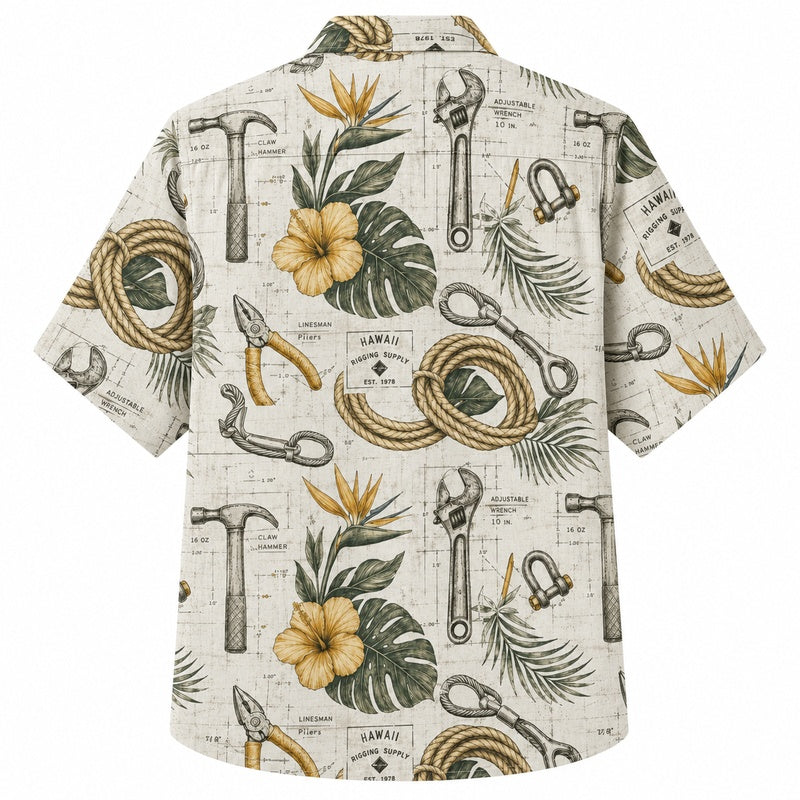 Labor Day Hawaiian Shirt- Blueprint Rope and Bloom Print for Summer